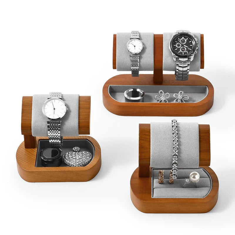 Multi-Style Wooden Watch & Jewelry Display Stand - Premium Wood Storage Velvet Pad, Organizer for Watches, Bracelets Rings