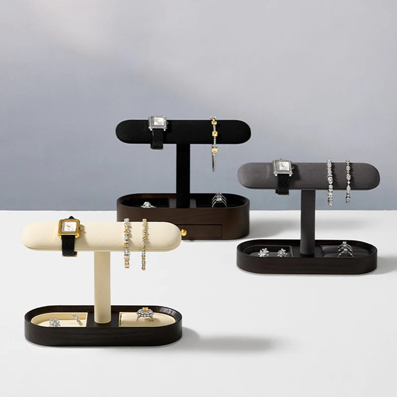 Multi-Style Wooden Watch & Jewelry Display Stand - Premium Wood Storage Velvet Pad, Organizer for Watches, Bracelets Rings